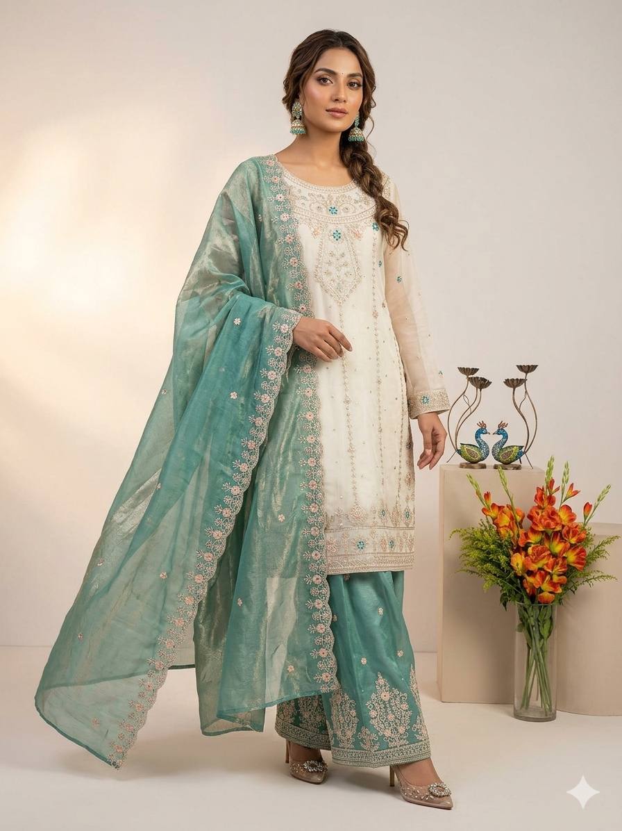 Ivory & Sea Glass Embroidered Kurta Set